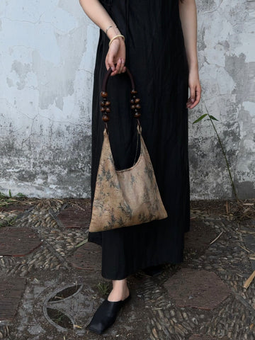 Nouveau Guo Feng Nouveau Style Chinois Motif de l'eau Impression Feuille de Bambou Cheongsam Zen Sac à main de luxe de style ancien