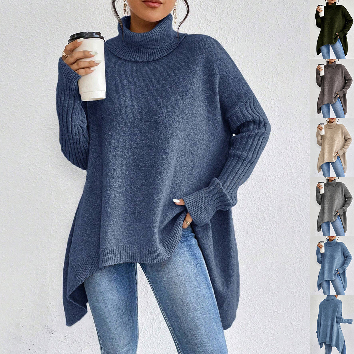 Buy Irregular Turtleneck Sweater Winter Loose Long Sleeve Knitted Tops Leisure Warm Pullover Sweater Women'S Clothing online at Fashionner.