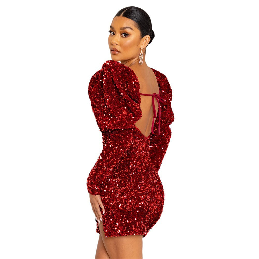 Sequin Backless Padded Shoulder Bubble Sleeve Party Dresses For Women - Fashionner