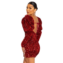 Sequin Backless Padded Shoulder Bubble Sleeve Party Dresses For Women - Fashionner