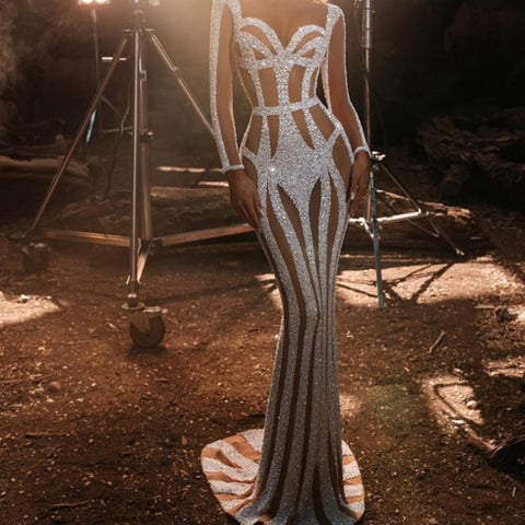 Robe de soirée sirène moulante à paillettes dorées pour femme