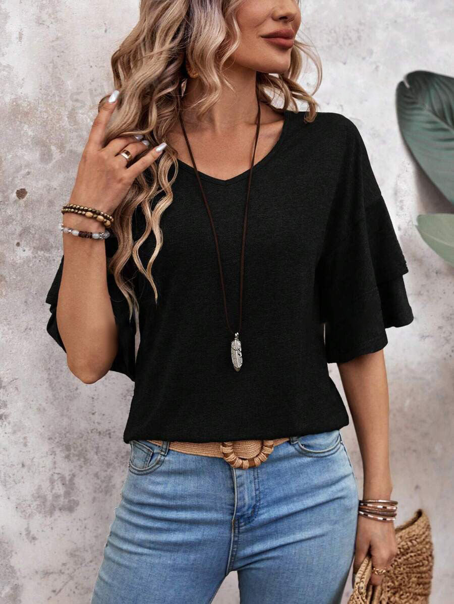 Loose V-neck Ruffle Sleeve T-shirt Fashion Solid Mid-sleeve Tops Women's Clothing