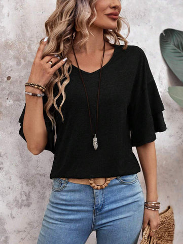 T-shirt ample à col en V et manches volantées, couleur unie, haut mi-manches, vêtements pour femmes
