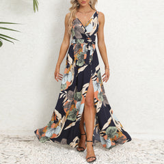 V-neck Floral Print Long Dress Summer Fashion Waist Tie Slit Design Sleeveless Dress For Womens Clothing - Fashionner