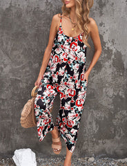 Flowers Print Suspender Jumpsuit With Pockets Spring Summer Fashion Round-neck Overalls For Womens Clothing - Fashionner