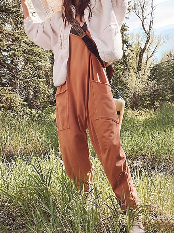 Summer Women's Loose Sleeveless Jumpsuits Spaghetti Strap Long Pant Romper Jumpsuit With Pockets Zipper - Fashionner