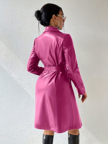 Veste en cuir PU à manches longues et revers avec poches, coupe ajustée, long trench-coat pour femmes