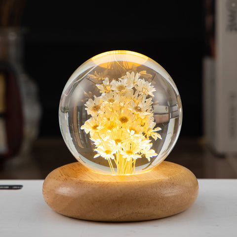 Veilleuse LED Fleur Boule de Cristal Lampe de Nuit pour Enfants avec Base en Bois Lumière Ambiante de Chambre Cadeau Créatif Veilleuse