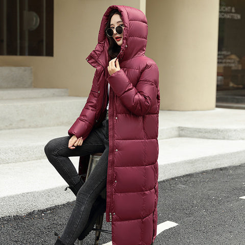 Manteau d'hiver en duvet super long pour femme, doudoune épaisse noire et rouge avec capuche, fermeture éclair, pour rester au chaud en automne et en hiver, tenue décontractée
