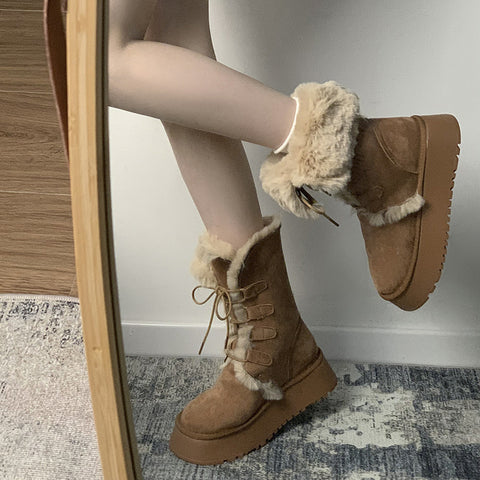 Women's Fashion Brown Warm Slugged Bottom Snow Boots - Fashionner