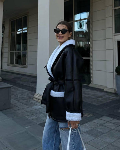 Leather And Fur Korean Style Long Sleeve Splicing Coat Women - Fashionner