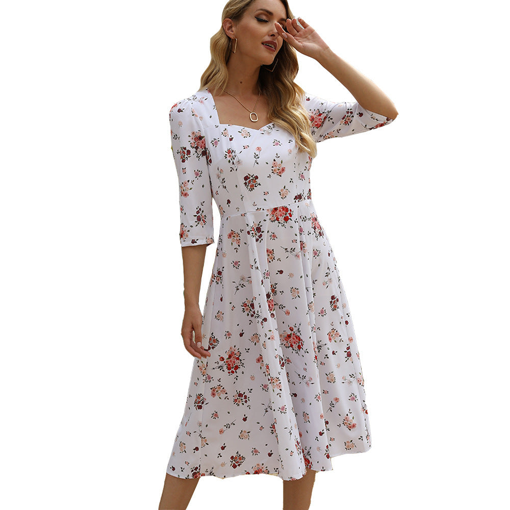 Floral T-shaped Strappy Banquet Elegant Dress