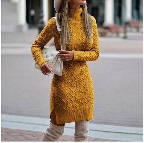 Robe pull à col roulé tricotée tendance avec fente, pull long uni chaud d'hiver pour femme