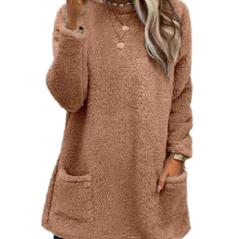 Sweat-shirt pull polaire long pour femmes avec poches Hiver chaud Épaissir Sweatershirt Décontracté Manches longues Peluche Hauts Manteau à capuche Streetwear Tenues amples d'automne Hauts à capuche