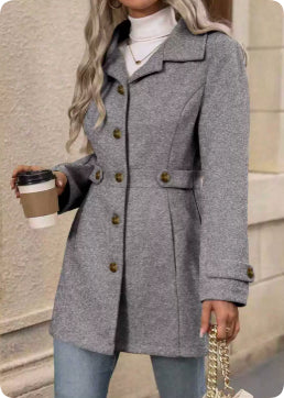 Buy Elegant Single-Breasted Woolen Coat Buttons Lapel Mid-Length Jacket Temperament Commuter Outwear Clothing For Women online at Fashionner.