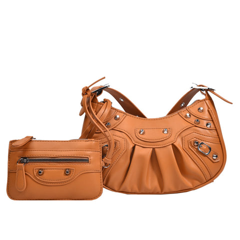 Women's Fashion Vintage Crumpled Crescent Moon Son Mother Shoulder Bag - Fashionner