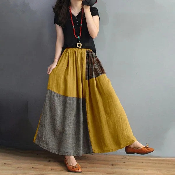 Retro Artistic Style Loose Elastic Waist Color Matching Cotton And Linen Skirt Slimming A- Line Skirt - Fashionner