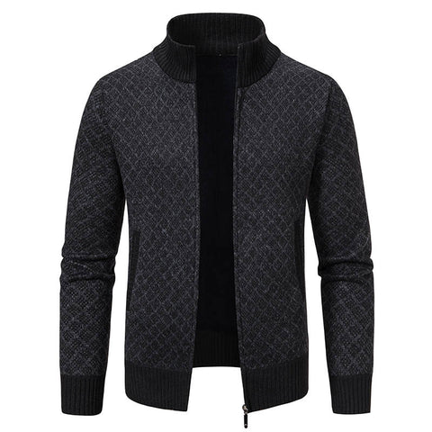 Thickened Plaid Print Jacket Cardigan Fashion Slim Fit Zipper Stand Collar Sweater Winter Men's Casual Long Sleeve Knitted Top Clothing