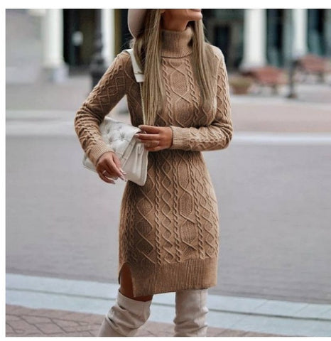 Robe pull à col roulé tricotée tendance avec fente, pull long uni chaud d'hiver pour femme