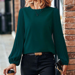Women's Long-sleeved Shirt Round Neck Retro Solid Color - Fashionner