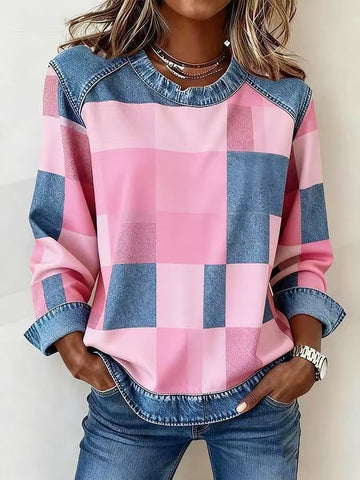 Sweat-shirt en jean patchwork, mode, col rond, pull unique, haut de chemise à manches longues, vêtements pour femmes