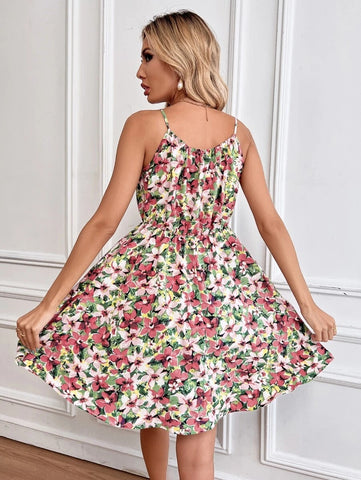 Floral Print Suspender Dress With Elastic Waist Design Fashion Summer Short Dresses Womens Clothing - Fashionner