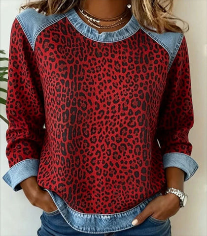Sweat-shirt en jean patchwork, mode, col rond, pull unique, haut de chemise à manches longues, vêtements pour femmes