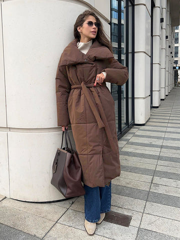 Manteau long à grand revers pour femme, veste d'hiver chaude en coton avec poches et design à lacets, manteau épais décontracté de couleur unie pour vêtements d'extérieur