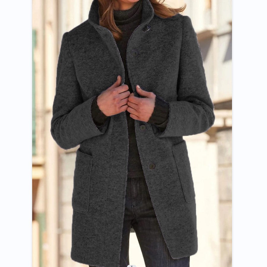 Buy Fashion Stand Collar Woolen Coat With Pockets Fall Winter Casual Button Outwear For Women Clothing online at Fashionner.