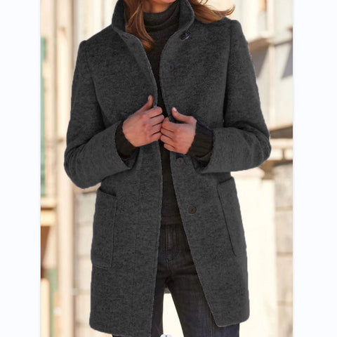 Buy Fashion Stand Collar Woolen Coat With Pockets Fall Winter Casual Button Outwear For Women Clothing online at Fashionner.