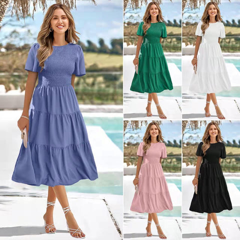 Robe décontractée à col rond pour femme, manches courtes smockées, coupe trapèze, ourlet volanté, mini-robe de plage d'été.