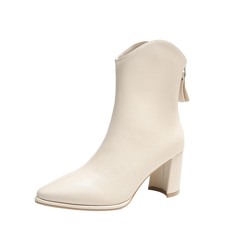 Genuine Leather Pointed Toe High Heel Boots Female White Chunky Heels - Fashionner