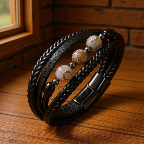 Buy Stainless Steel Three-Eyed Dzi Bead Hand-Woven Men'S Leather Bracelet online at Fashionner.
