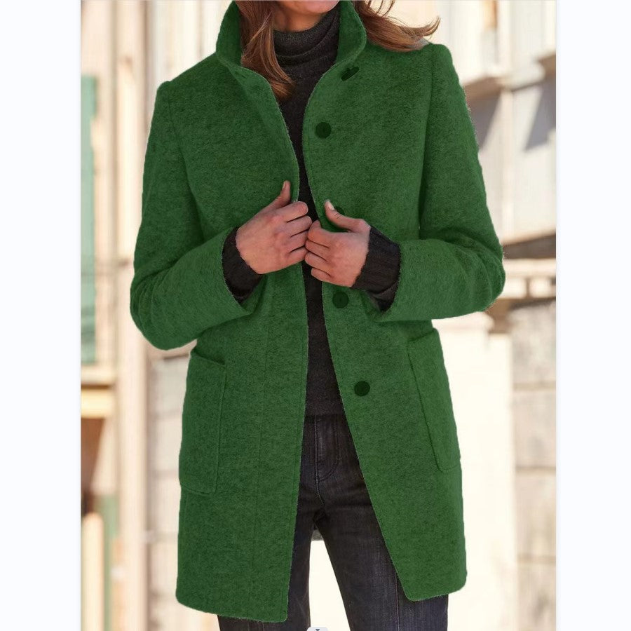 Buy Fashion Stand Collar Woolen Coat With Pockets Fall Winter Casual Button Outwear For Women Clothing online at Fashionner.