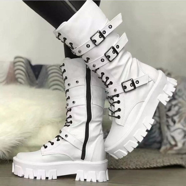 Buckle Lace-up Side Zip Punk Women's Mid Boots - Fashionner
