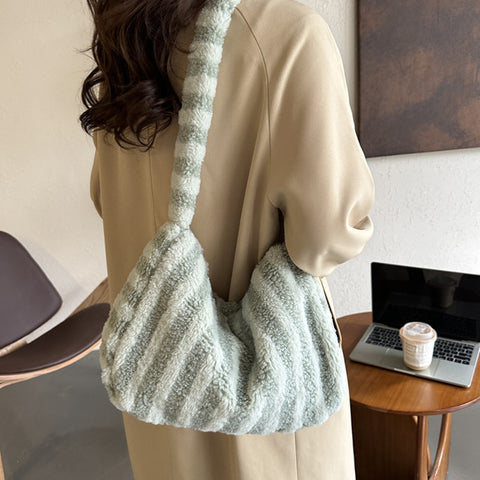 Large-capacity Striped Plush Bag Winter New Fashion Portable Tote Shoulder Bags Shopping Furry Handbags For Women - Fashionner