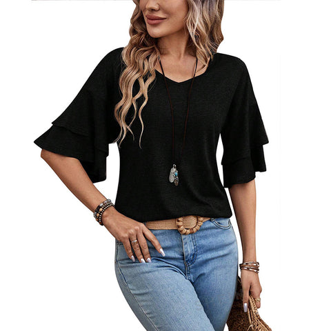 T-shirt ample à col en V et manches volantées, couleur unie, haut mi-manches, vêtements pour femmes