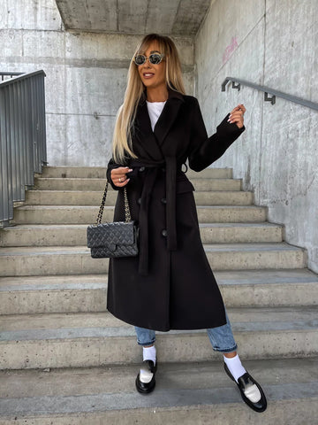 Buy Double-Breasted Lapel Split Jacket With Belt Winter Fashion Casual Long Sleeve Button Daily Coats For Women Clothing online at Fashionner.