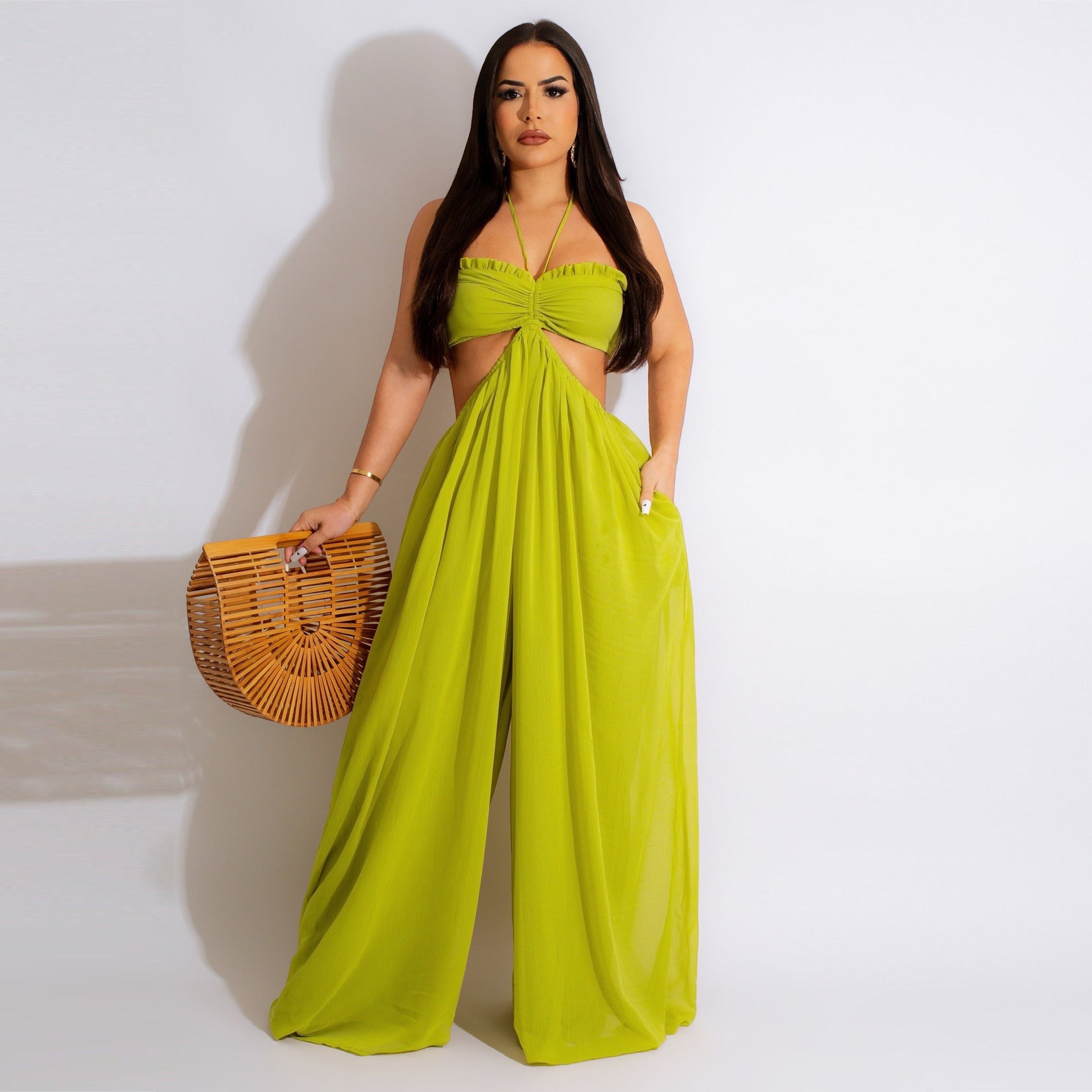 Chiffon Chest-wrapped Bare Back Wide-leg Jumpsuit European And American - Fashionner