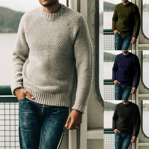 Pull tricoté décontracté d'hiver à col rond de couleur unie pour homme