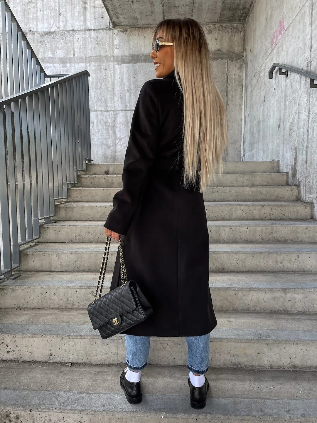 Buy Double-Breasted Lapel Split Jacket With Belt Winter Fashion Casual Long Sleeve Button Daily Coats For Women Clothing online at Fashionner.