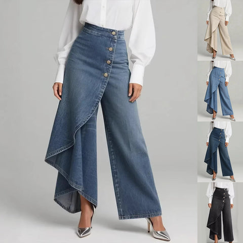 Pantalon coupe droite unique Boutons à grands volants pour femme, en faux jean