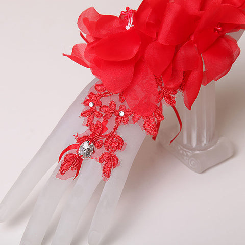 Gants de mariage courts en dentelle rouge et blanc pour mariée