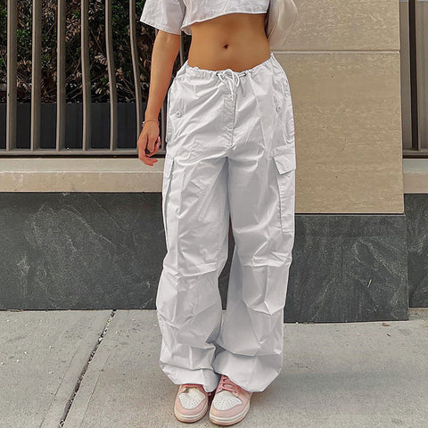 Casual Cargo Pants For Women Solid Color Drawstring Pocket Design Fashion Street Trousers Girls - Fashionner