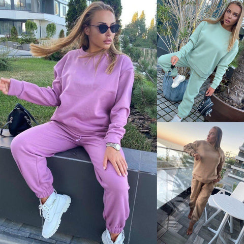 Ensemble sweat à capuche deux pièces de couleur unie pour femmes, style athleisure.