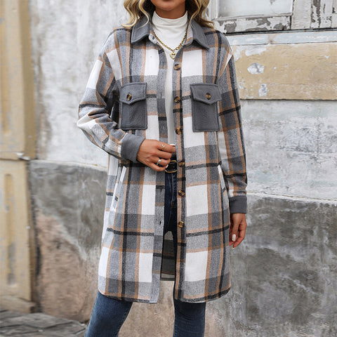 Nouveau manteau long à carreaux brossé avec poches Veste d'hiver tendance Vêtements d'extérieur pour femmes
