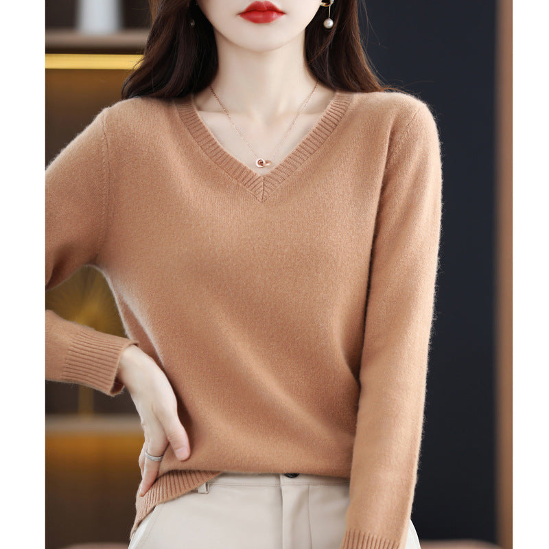 Women's V-neck Loose Pullover Long Sleeve Sweater - Fashionner