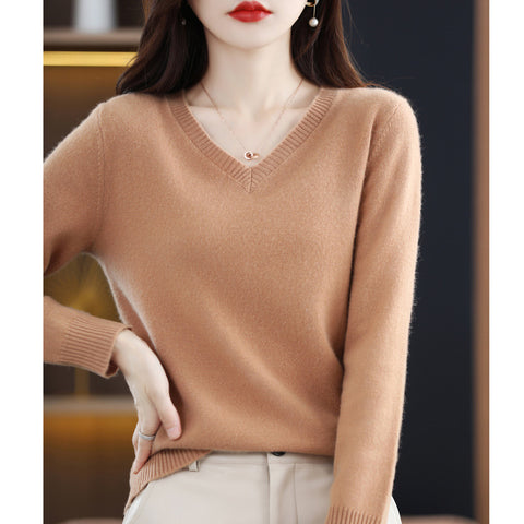Women's V-neck Loose Pullover Long Sleeve Sweater - Fashionner