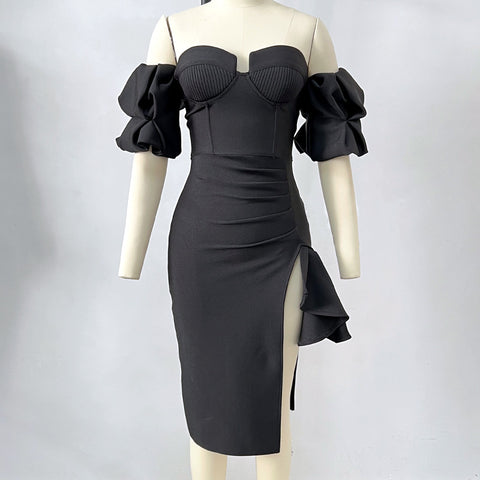Women's Solid Color Lantern Sleeve Bandage Dress - Fashionner