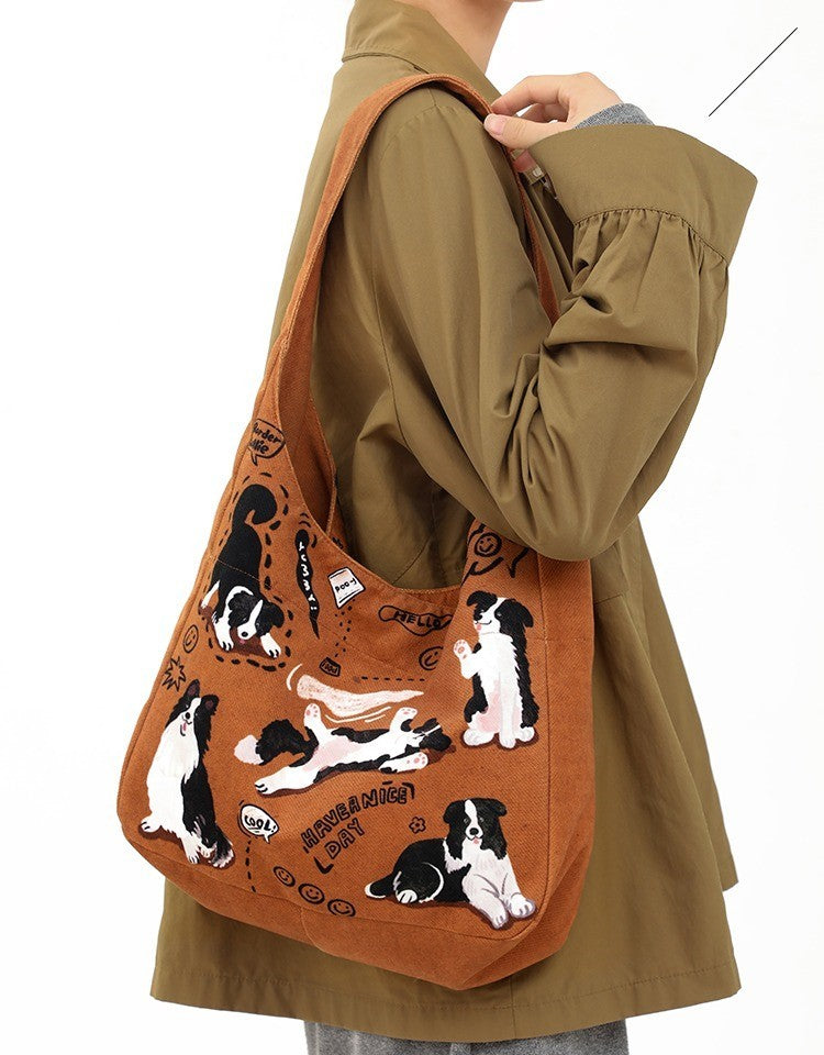 Retro Shoulder Puppy Printed Large Capacity Casual Canvas Bag - Fashionner